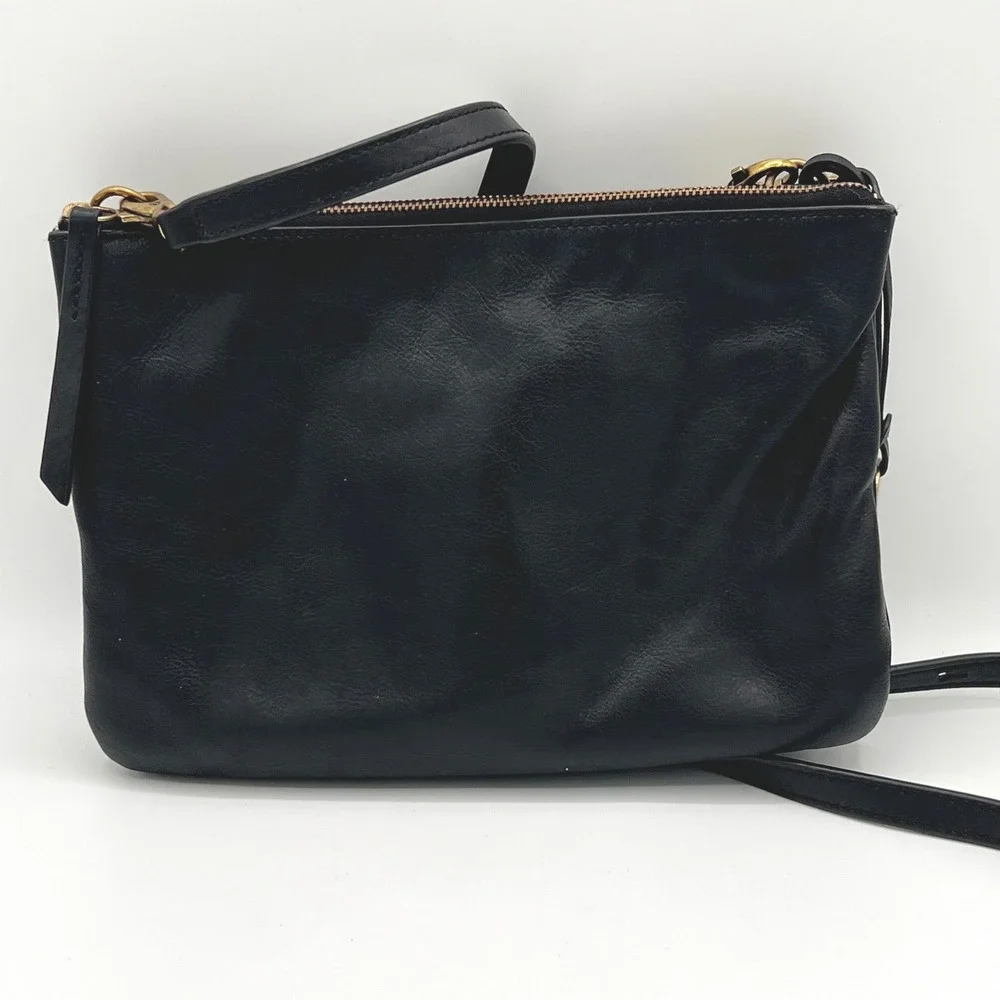 Fossil 1954 Collection Black Leather Crossbody Bag Gold Key Charm Retro Vacation